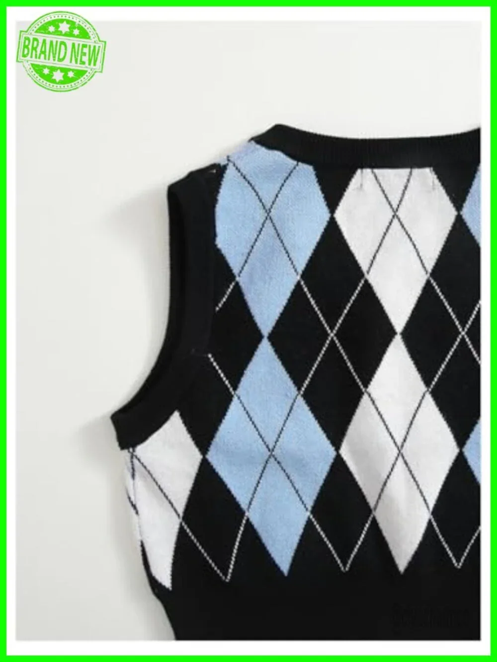 Argyle V-Neck Sleeveless Knitted Crop Sweater Vest - Geometric Pattern